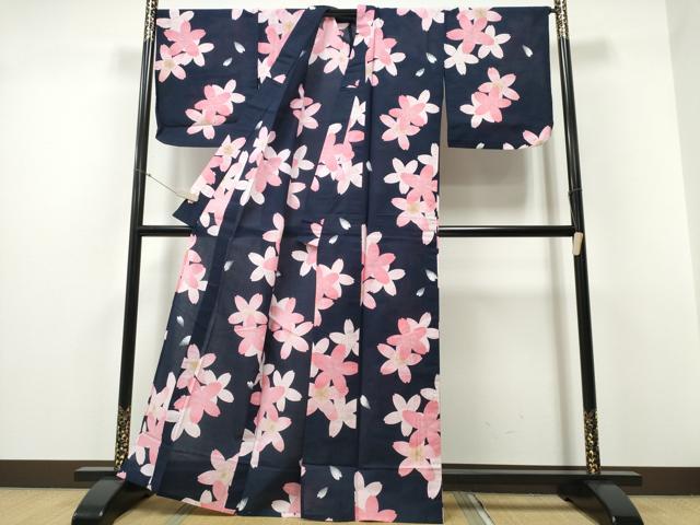 平和屋着物∴夏物 浴衣 舞桜 濃紺地 綿 逸品 CABD2546ng
