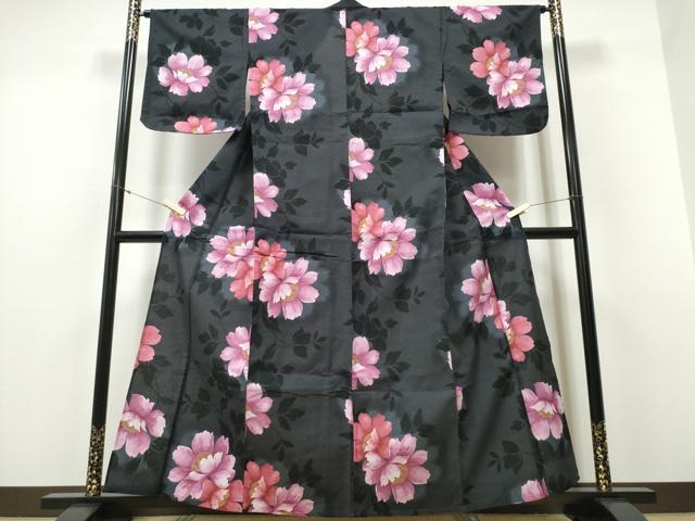 平和屋着物∴夏物 浴衣 牡丹 黒地 綿 逸品 CABD2548ng
