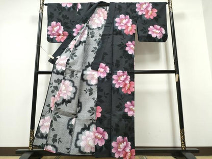 平和屋着物∴夏物 浴衣 牡丹 黒地 綿 逸品 CABD2548ng