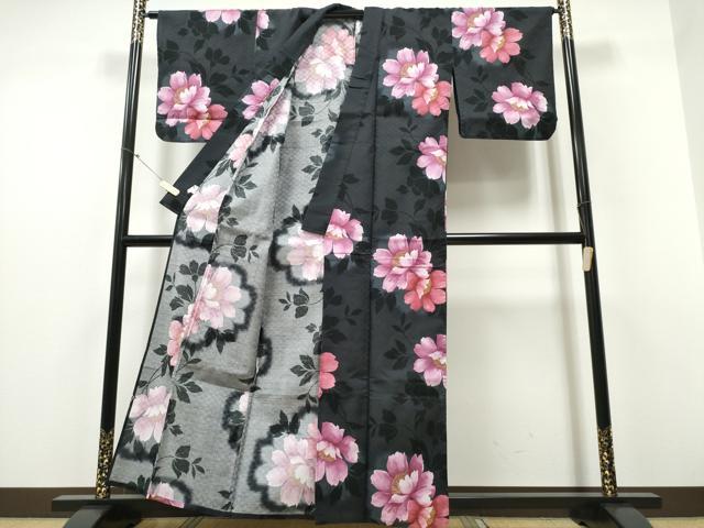 平和屋着物∴夏物 浴衣 牡丹 黒地 綿 逸品 CABD2548ng