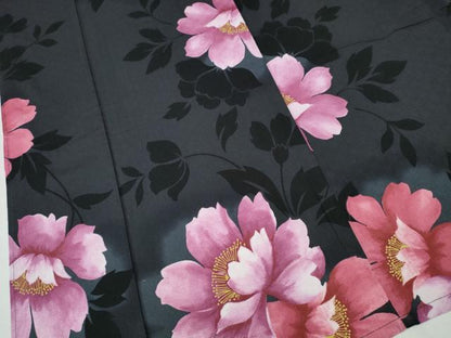平和屋着物∴夏物 浴衣 牡丹 黒地 綿 逸品 CABD2548ng