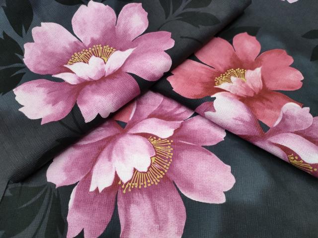 平和屋着物∴夏物 浴衣 牡丹 黒地 綿 逸品 CABD2548ng