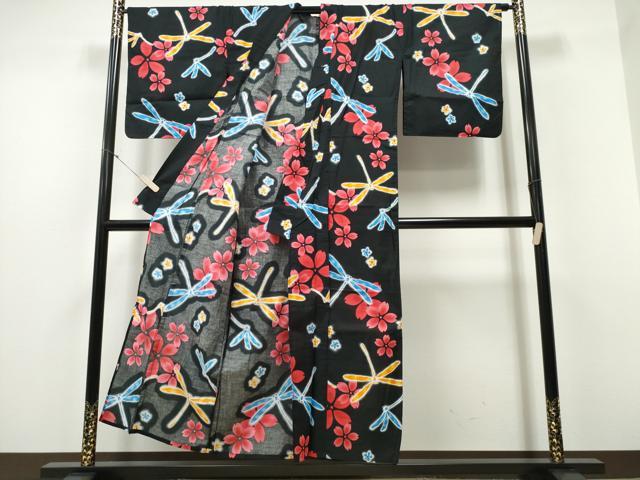 平和屋着物∴夏物 浴衣 蜻蛉 舞花文 黒地 逸品 CABD2550ng