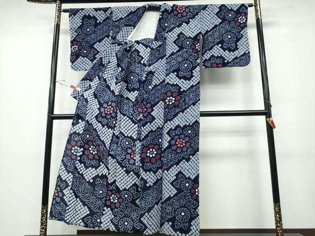 平和屋着物∴夏物 浴衣 有松鳴海絞り 斜線麻の葉舞花文 綿 逸品 CABD2558ng