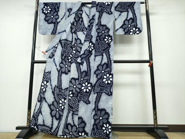 平和屋着物∴夏物 浴衣 有松鳴海絞り 流水扇花文 綿 逸品 CABD2573ng