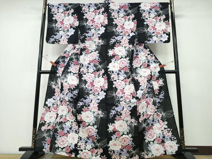 平和屋着物∴夏物 浴衣 舞蝶牡丹梅花文 黒地 綿 逸品 CABD2581ng