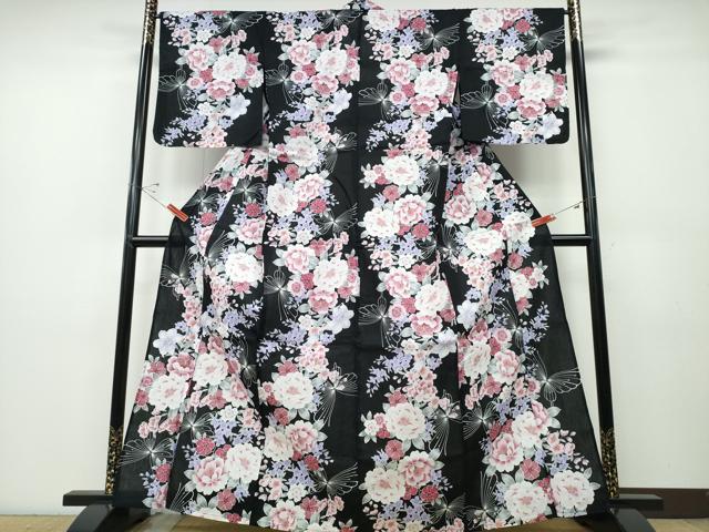 平和屋着物∴夏物 浴衣 舞蝶牡丹梅花文 黒地 綿 逸品 CABD2581ng