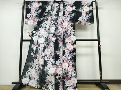 平和屋着物∴夏物 浴衣 舞蝶牡丹梅花文 黒地 綿 逸品 CABD2581ng