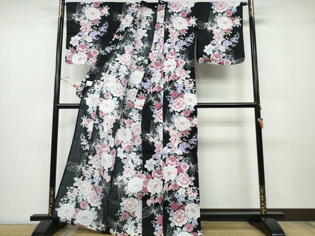 平和屋着物∴夏物 浴衣 舞蝶牡丹梅花文 黒地 綿 逸品 CABD2581ng