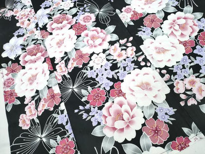 平和屋着物∴夏物 浴衣 舞蝶牡丹梅花文 黒地 綿 逸品 CABD2581ng