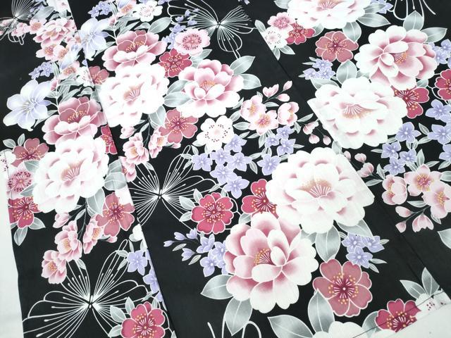 平和屋着物∴夏物 浴衣 舞蝶牡丹梅花文 黒地 綿 逸品 CABD2581ng