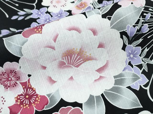 平和屋着物∴夏物 浴衣 舞蝶牡丹梅花文 黒地 綿 逸品 CABD2581ng