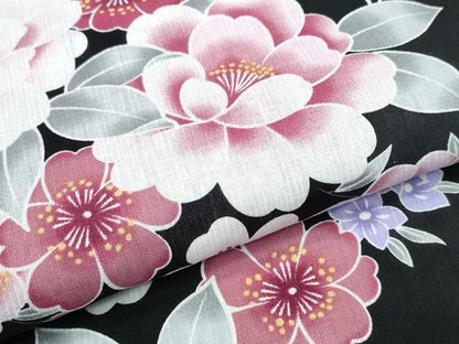 平和屋着物∴夏物 浴衣 舞蝶牡丹梅花文 黒地 綿 逸品 CABD2581ng