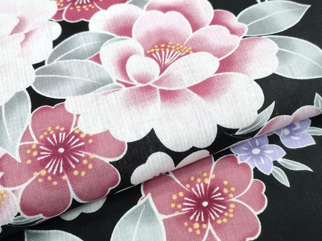 平和屋着物∴夏物 浴衣 舞蝶牡丹梅花文 黒地 綿 逸品 CABD2581ng