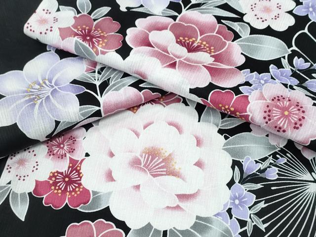平和屋着物∴夏物 浴衣 舞蝶牡丹梅花文 黒地 綿 逸品 CABD2581ng