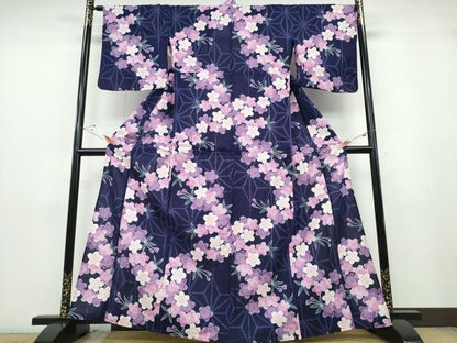 平和屋着物∴夏物 浴衣 綿紅梅 舞桜 麻の葉文様 綿 逸品 CABD2587ng