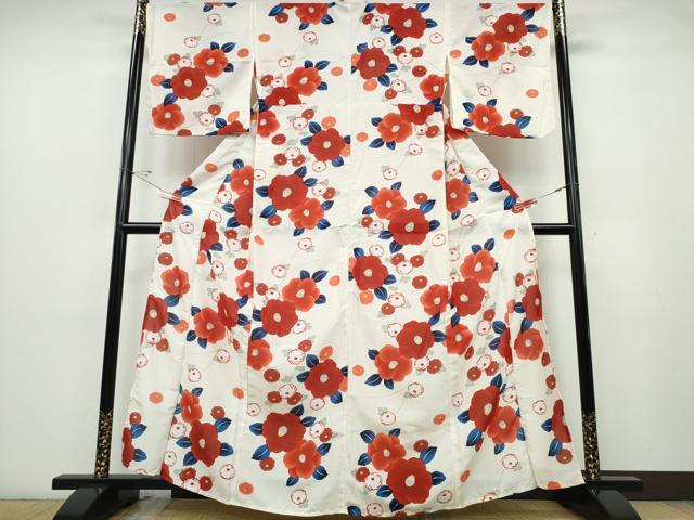 平和屋着物∴夏物 浴衣・小紋兼用 紅梅織 椿菊文 洗える着物 CABD2604ng