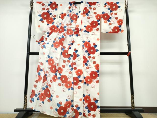 平和屋着物∴夏物 浴衣・小紋兼用 紅梅織 椿菊文 洗える着物 CABD2604ng