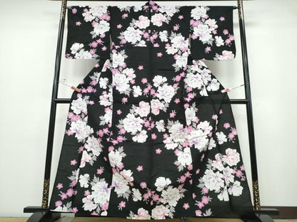 平和屋着物∴夏物 浴衣 牡丹 黒地 綿 逸品 CABD2605ng