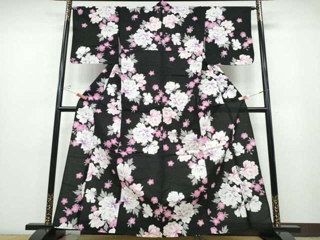 平和屋着物∴夏物 浴衣 牡丹 黒地 綿 逸品 CABD2605ng