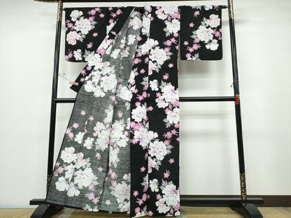 平和屋着物∴夏物 浴衣 牡丹 黒地 綿 逸品 CABD2605ng