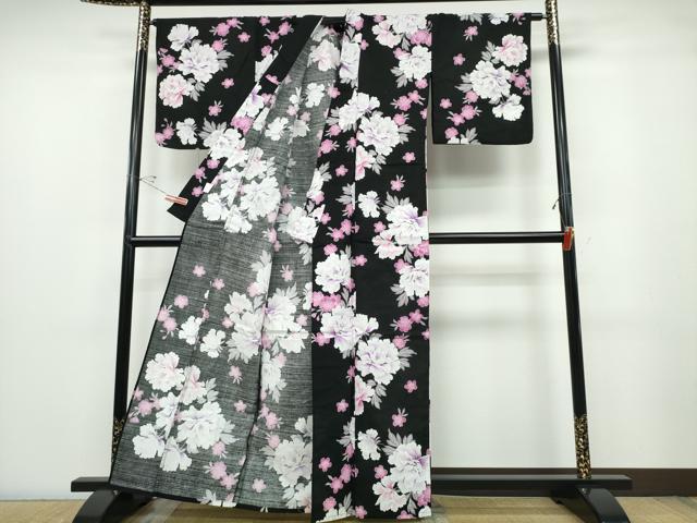 平和屋着物∴夏物 浴衣 牡丹 黒地 綿 逸品 CABD2605ng