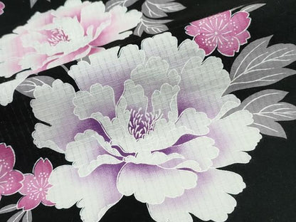 平和屋着物∴夏物 浴衣 牡丹 黒地 綿 逸品 CABD2605ng