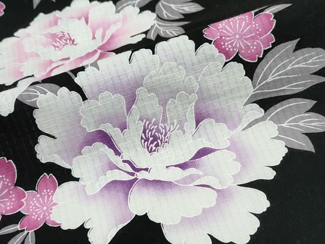平和屋着物∴夏物 浴衣 牡丹 黒地 綿 逸品 CABD2605ng