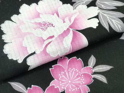 平和屋着物∴夏物 浴衣 牡丹 黒地 綿 逸品 CABD2605ng