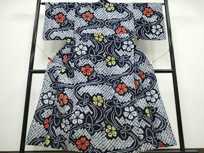 平和屋着物∴夏物 浴衣 有松鳴海絞り 流水舞蝶花文 綿 逸品 CABD2632ng