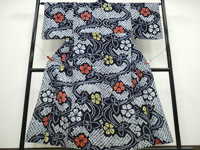平和屋着物∴夏物 浴衣 有松鳴海絞り 流水舞蝶花文 綿 逸品 CABD2632ng