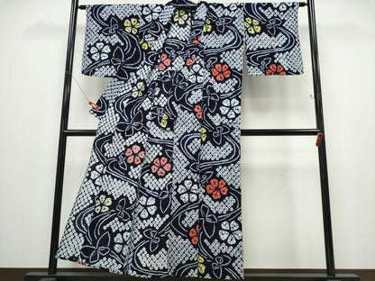 平和屋着物∴夏物 浴衣 有松鳴海絞り 流水舞蝶花文 綿 逸品 CABD2632ng