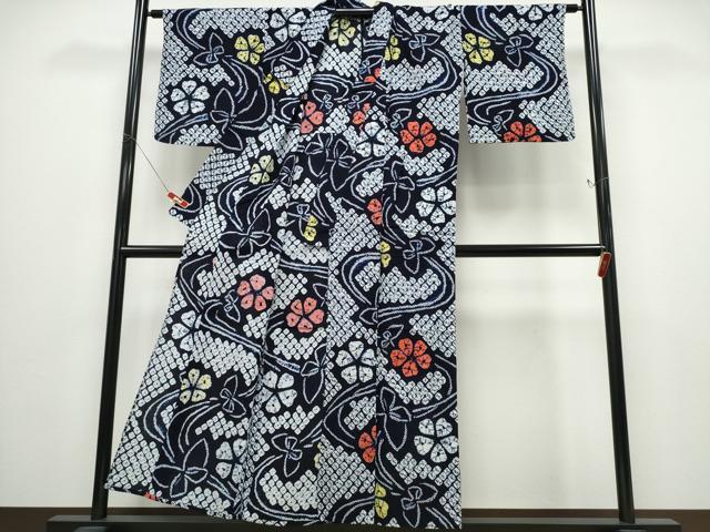 平和屋着物∴夏物 浴衣 有松鳴海絞り 流水舞蝶花文 綿 逸品 CABD2632ng