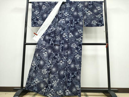 平和屋着物∴夏物 浴衣 有松鳴海絞り 切嵌流水舞蝶花文 綿 逸品 CABD2647ng
