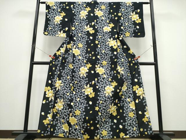 平和屋着物∴夏物 浴衣 舞花文 黒地 綿 逸品 CABD2651ng