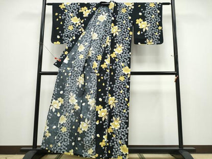 平和屋着物∴夏物 浴衣 舞花文 黒地 綿 逸品 CABD2651ng