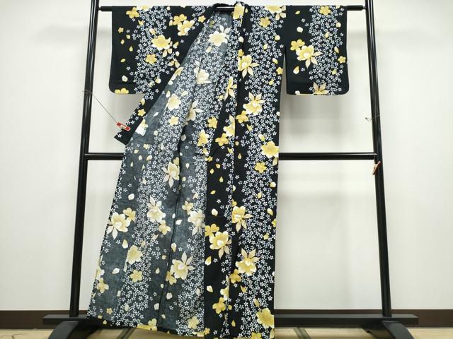 平和屋着物∴夏物 浴衣 舞花文 黒地 綿 逸品 CABD2651ng
