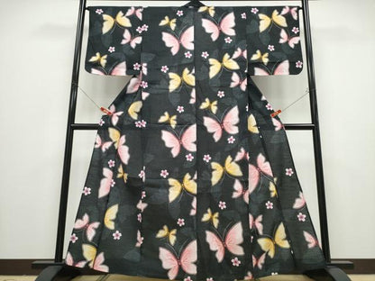 平和屋着物∴夏物 浴衣 舞蝶桜 黒地 綿 逸品 CABD2654ng