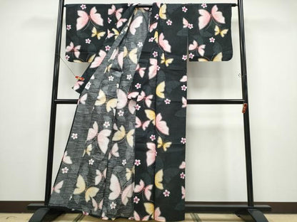 平和屋着物∴夏物 浴衣 舞蝶桜 黒地 綿 逸品 CABD2654ng