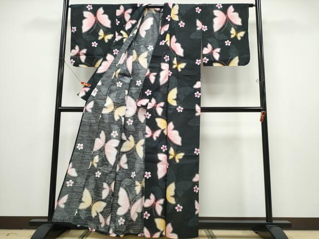 平和屋着物∴夏物 浴衣 舞蝶桜 黒地 綿 逸品 CABD2654ng