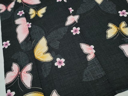 平和屋着物∴夏物 浴衣 舞蝶桜 黒地 綿 逸品 CABD2654ng