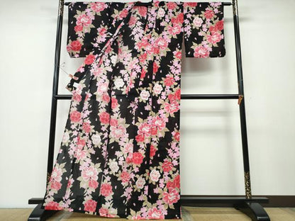 平和屋着物∴夏物 浴衣 舞牡丹花文 黒地 綿 逸品 未使用 CABD2657ng