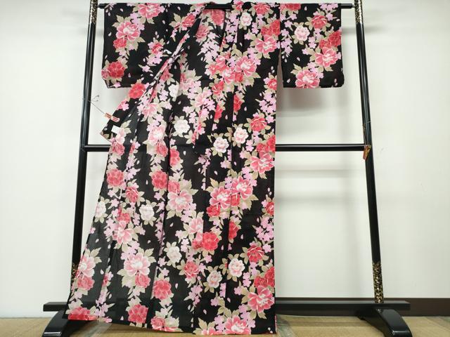 平和屋着物∴夏物 浴衣 舞牡丹花文 黒地 綿 逸品 未使用 CABD2657ng