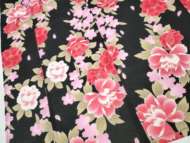 平和屋着物∴夏物 浴衣 舞牡丹花文 黒地 綿 逸品 未使用 CABD2657ng