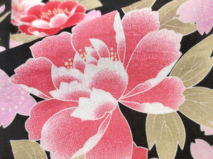 平和屋着物∴夏物 浴衣 舞牡丹花文 黒地 綿 逸品 未使用 CABD2657ng