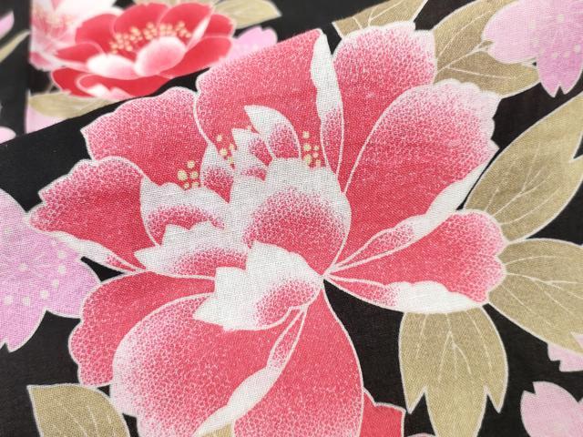 平和屋着物∴夏物 浴衣 舞牡丹花文 黒地 綿 逸品 未使用 CABD2657ng