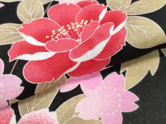 平和屋着物∴夏物 浴衣 舞牡丹花文 黒地 綿 逸品 未使用 CABD2657ng