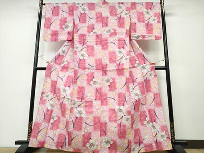 平和屋着物∴夏物 浴衣 百合 ゆり 市松文様 綿 逸品 CABD2659ng