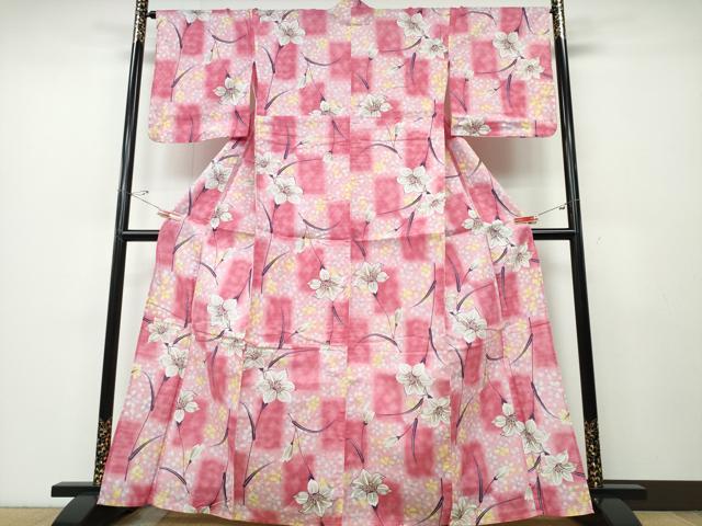 平和屋着物∴夏物 浴衣 百合 ゆり 市松文様 綿 逸品 CABD2659ng