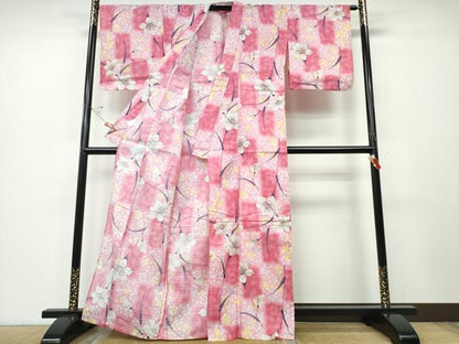 平和屋着物∴夏物 浴衣 百合 ゆり 市松文様 綿 逸品 CABD2659ng